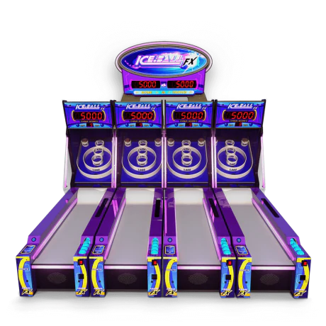 Four ICE Ball FX 10' Bowlers by ICE with purple and blue accents are lined up side by side.