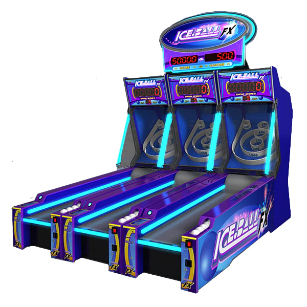 Three ICE Ball FX 10' bowler lanes glow blue on this ICE coin op redemption game.
