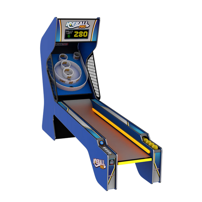 ICE Ball Pro Home Alley Roller by ICE with digital score and yellow balls on the ramp.
