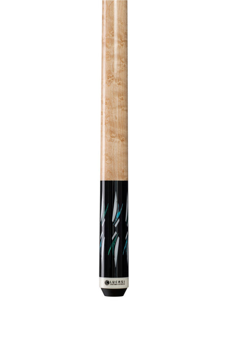 A close-up of the Lucasi Lux® LUX68 Cue with a zero flex slim shaft and patterned handle.