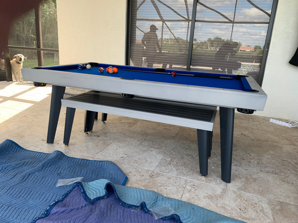 Playcraft Santorini 7’ Outdoor Slate Pool Table with Dining Top Benche