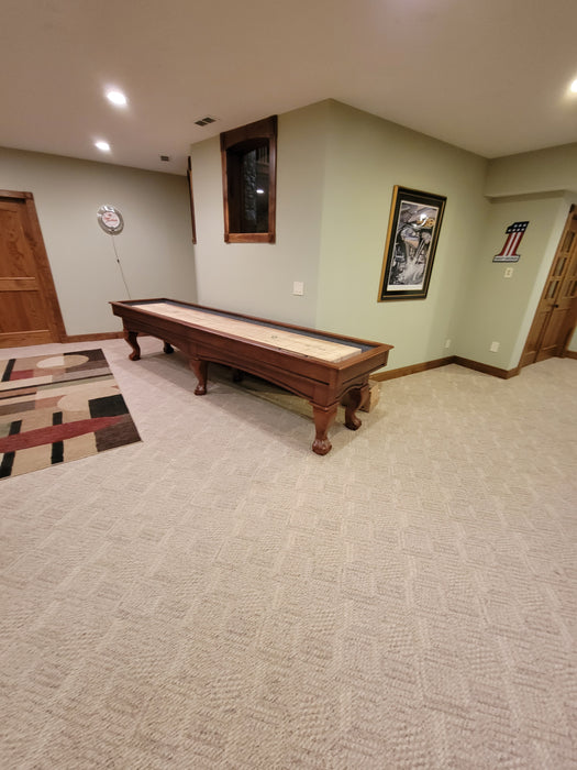 Playcraft Charles River 12' Pro-Style Shuffleboard Table in Chestnut Installation